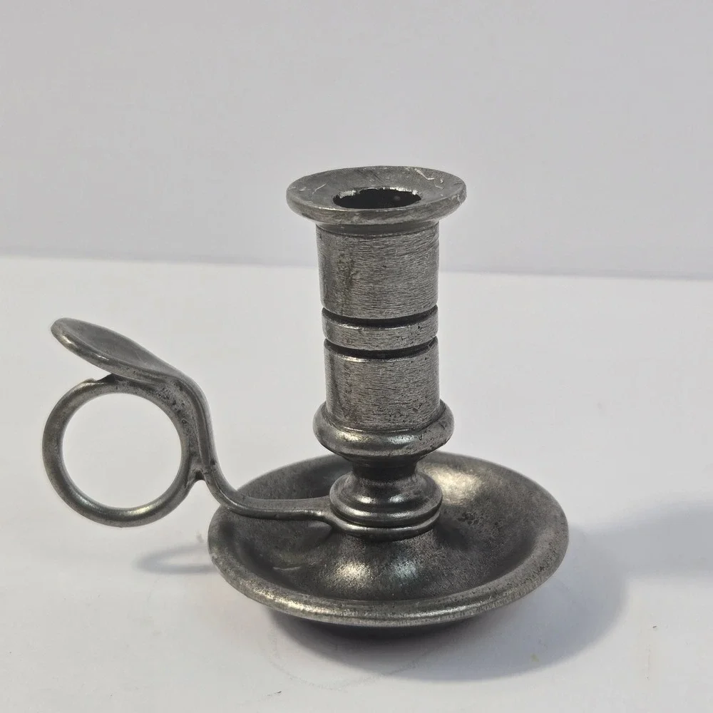 Vintage Morgan Pewter Chamberstick Candlestick Holder with Finger Loop Handle